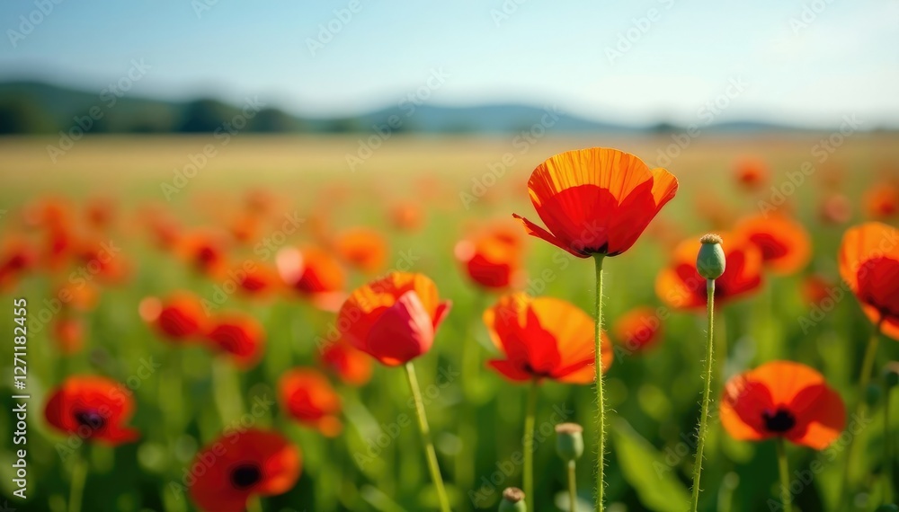 Fototapeta premium Colorful red poppy blooms on the ground in a field, flowers, harvest