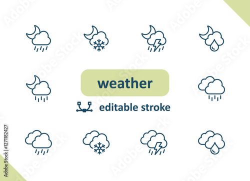 Weather icons. Weather forecast, meteorology, clouds, wind, sunny, rain vector icon set