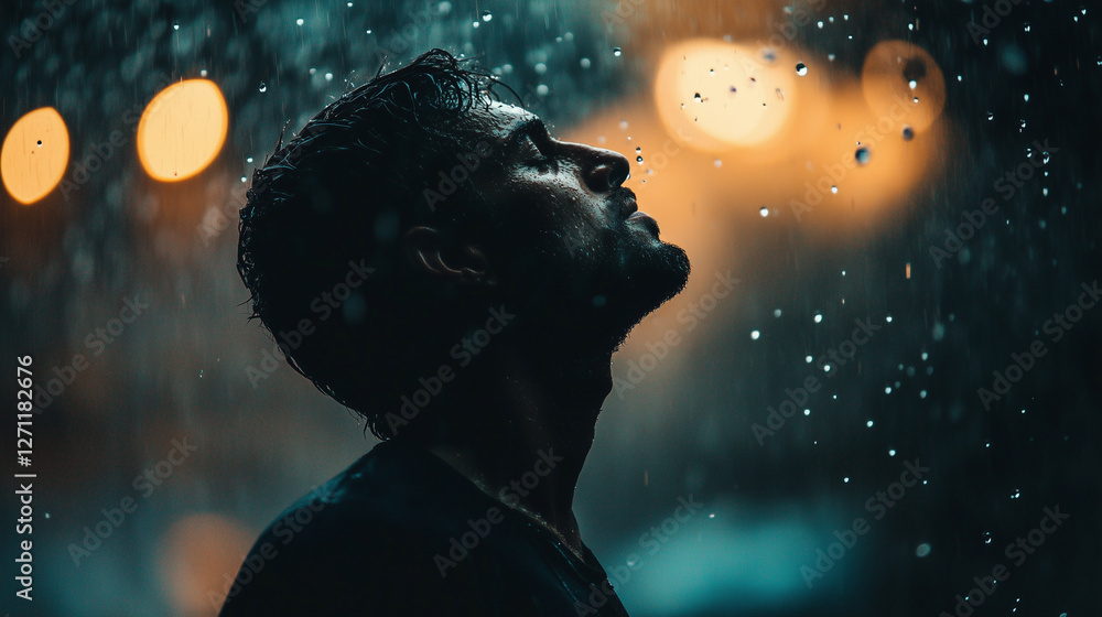 A man standing in the rain, his wet face turned towards the sky, filled with longing A man standing in the rain, his wet face turned towards the sky, filled with longing