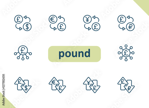 Pound icons. Money, currency, cash, pound sterling, payment, savings, investment, exchange rate, conversion, vector icon set
