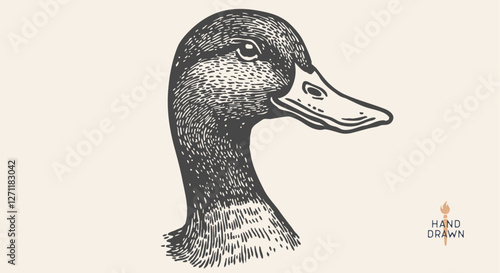 Duck, mallard sketch. Hand drawn. Vintage retro print, black duck, mallard drake drawing, engrave old school style. Sketch artwork silhouette duck, mallard drake, white background. Vector Illustration