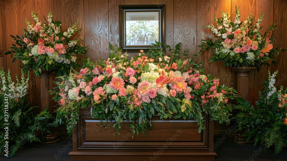 a dignified image of a closed casket adorned with flowers, set in a funeral home. a dignified image of a closed casket adorned with flowers, set in a funeral home.