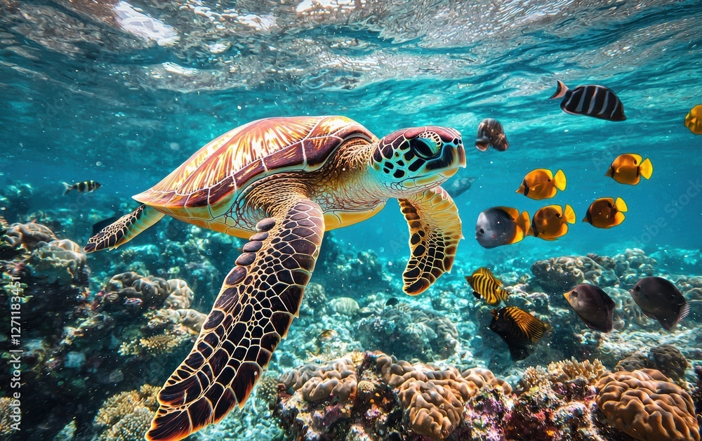 Fototapeta premium A sea turtle swimming with tropical fish around a reef