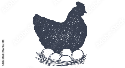 Chicken, hen with nest, eggs. Sketch artwork silhouette chicken with nest, eggs. Vintage retro print, chicken eggs sketch ink pencil style drawing, engrave old school. Vector Illustration