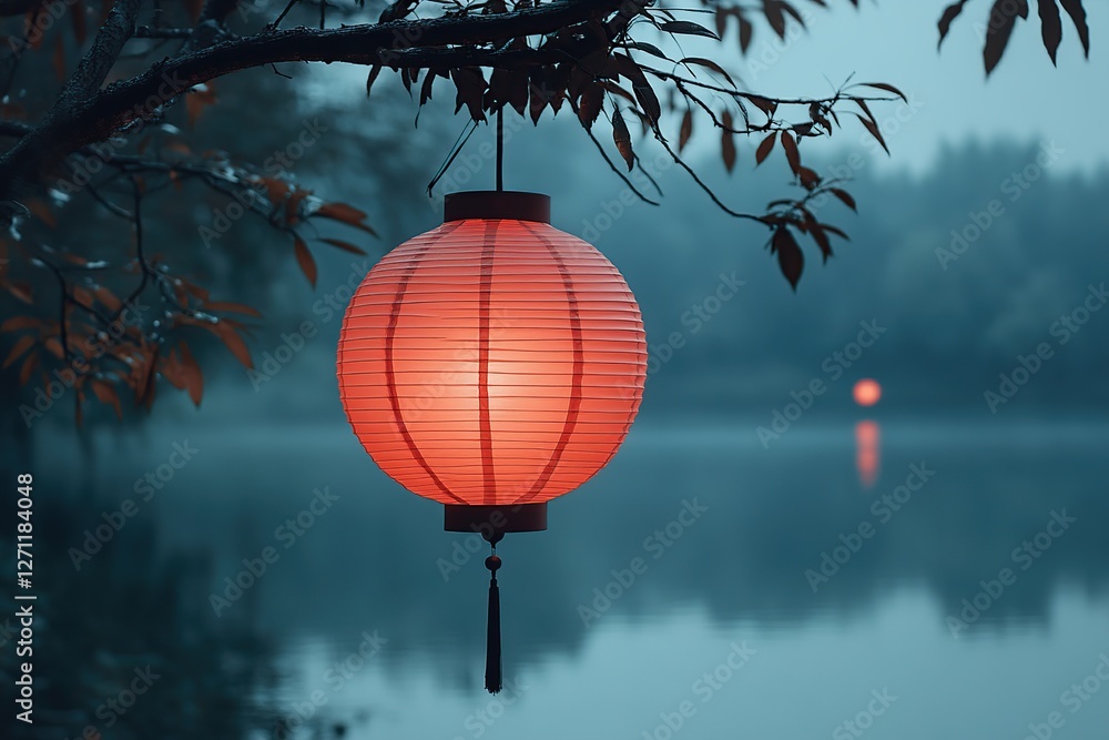 Obraz premium Chinese paper lantern hanging on tree branch against lake background