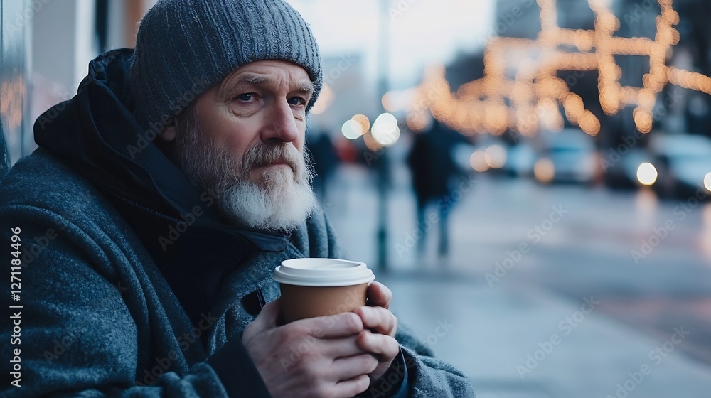 Thoughtful elderly man with a coffee cup sitting outdoors during holiday season atmosphere : Generative AI Thoughtful elderly man with a coffee cup sitting outdoors during holiday season atmosphere : Generative AI