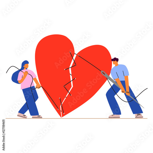 A couple of people put together the broken heart. Rebuild relationships concept.