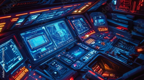 An elaborate sci-fi spaceship cockpit with multiple control panels, holographic screens, and glowing lights.