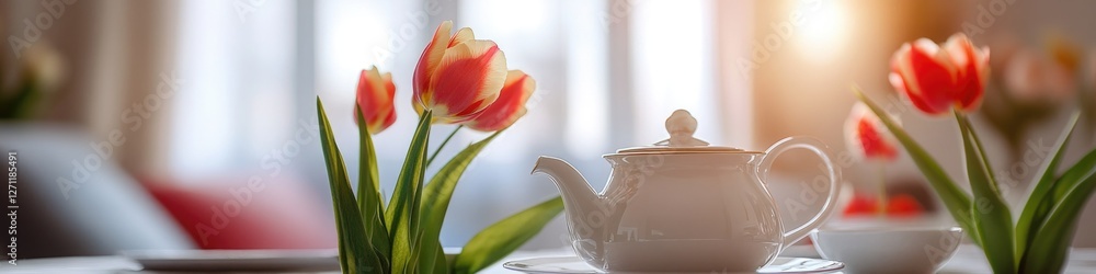 A white tea pot sits on a table, ready for use A white tea pot sits on a table, ready for use