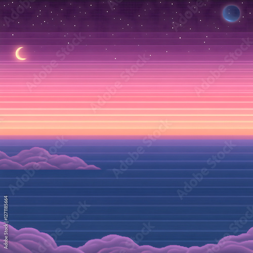 Celestial Pixelated Seascape at Dusk with Moon Planet Stars and Clouds Artistic Visualization 8 Bit