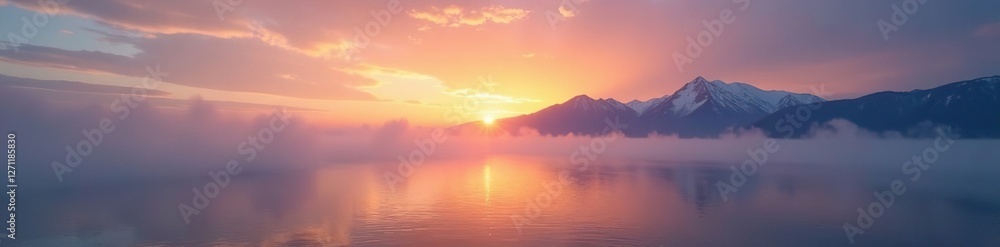 Clouds and mist rising from the surface of Lake Baikal as sunset approaches, serene, clouds Clouds and mist rising from the surface of Lake Baikal as sunset approaches, serene, clouds