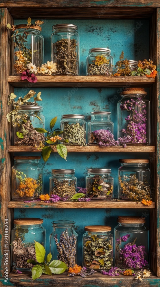 Dried flowers and herbs in glass jars on rustic wooden shelves Dried flowers and herbs in glass jars on rustic wooden shelves