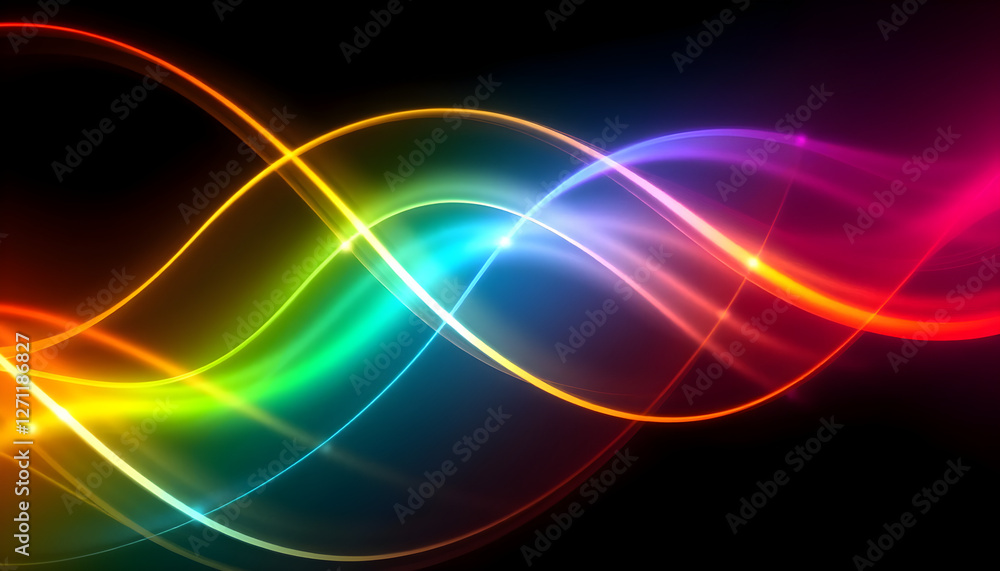 Fototapeta premium Abstract background featuring multiple wavy lines with a colorful gradient spectrum and light highlights