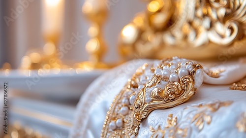 Elegant details of luxurious decor featuring ornate gold embroidery and candles : Generative AI photo