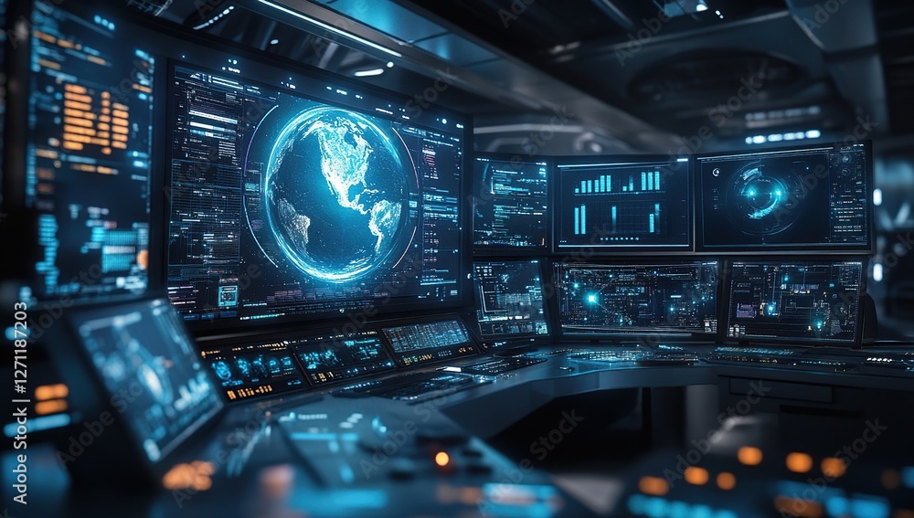 Fototapeta premium Global Network Monitoring System: Real-time Data Visualization and Analysis for Enhanced Security, Advanced Technology Showcase.