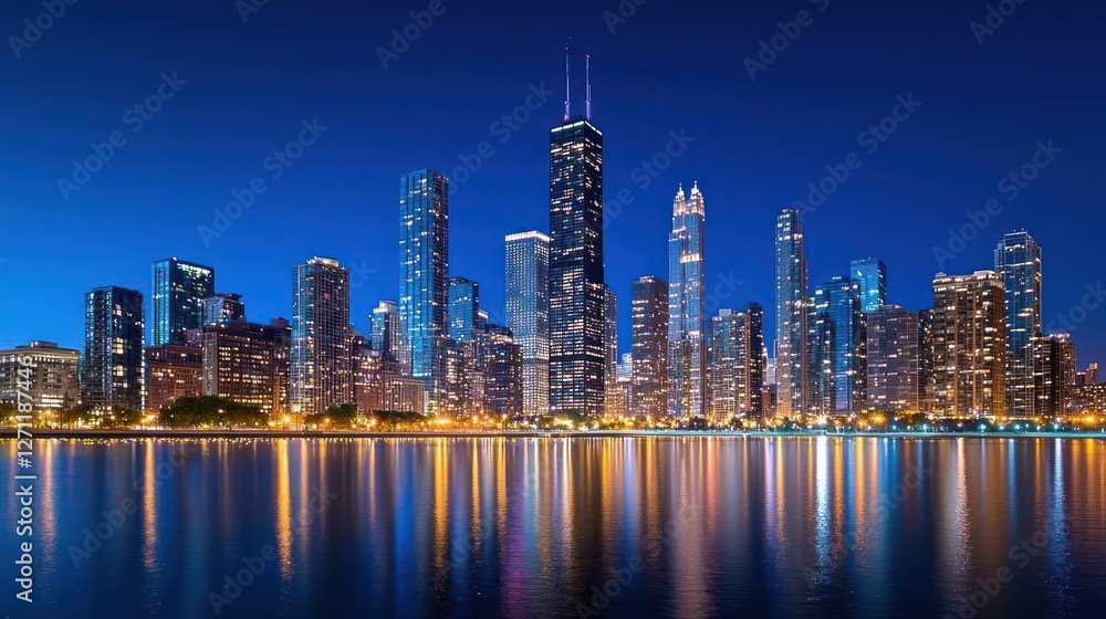 Obraz premium Night City Skyline with Water Reflection