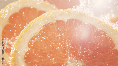 Citrus Splash Slices of Ruby Red Grapefruit Underwater with Bubbles Fresh and Vibrant Presentation