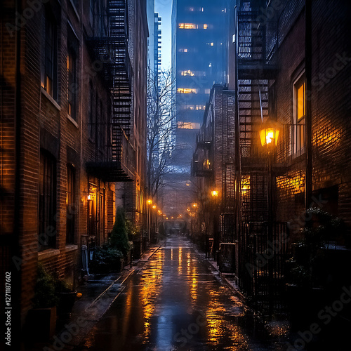 City Alleyway at Night with Wet Pavement Reflecting Lights in Urban Landscape