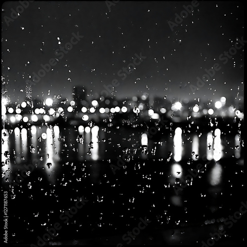 City Lights Reflection on Wet Glass Surface Sparkling Beneath Night Sky After Rain Storm Scene
