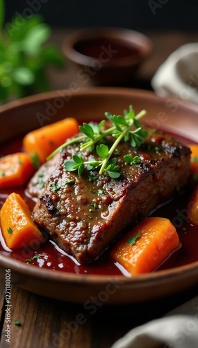 Braised beef pot roast cooked in a flavorful red wine sauce with fresh thyme, thyme, richflavor photo