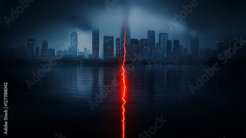 Cityscape Division Urban Landscape Featuring A Crack Of Red Lighting In Stormy Weather Dark Night