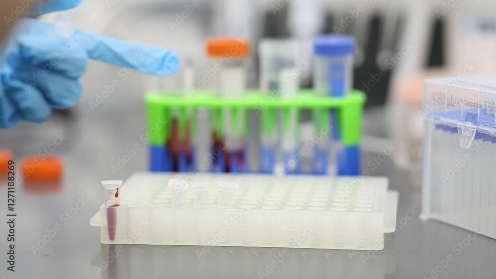 A Red Liquid being placed into a vial in a laboratory A Red Liquid being placed into a vial in a laboratory