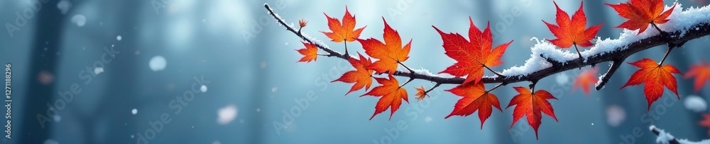 Icy branch with colorful autumn leaves suspended in mid-air, ice, winter Icy branch with colorful autumn leaves suspended in mid-air, ice, winter