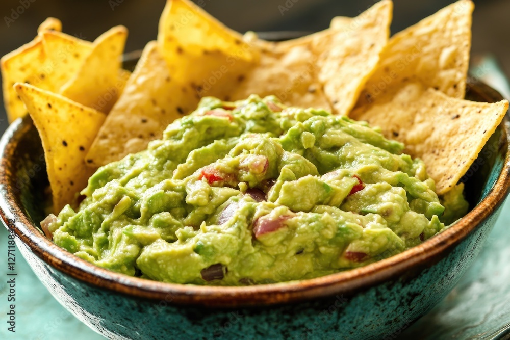 A delicious serving of creamy guacamole served with crunchy tortilla chips, perfect for snacking or appetizer A delicious serving of creamy guacamole served with crunchy tortilla chips, perfect for snacking or appetizer