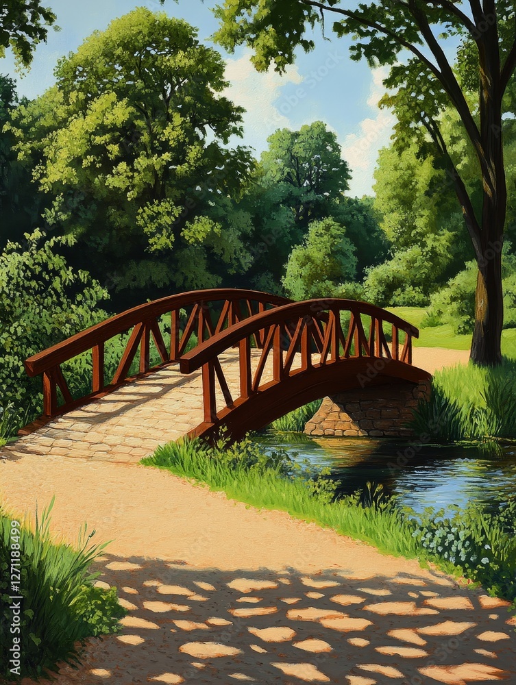 Serene wooden bridge over a tranquil stream in a lush green park on a sunny day Serene wooden bridge over a tranquil stream in a lush green park on a sunny day