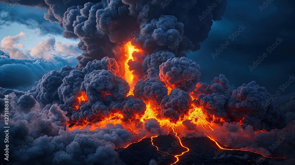 Volcanic landscapes concept. A dramatic volcanic eruption with fiery lava and billowing smoke clouds against a dark sky. Volcanic landscapes concept. A dramatic volcanic eruption with fiery lava and billowing smoke clouds against a dark sky.