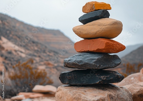 Stacked stones in arid landscape with distant mountains photo