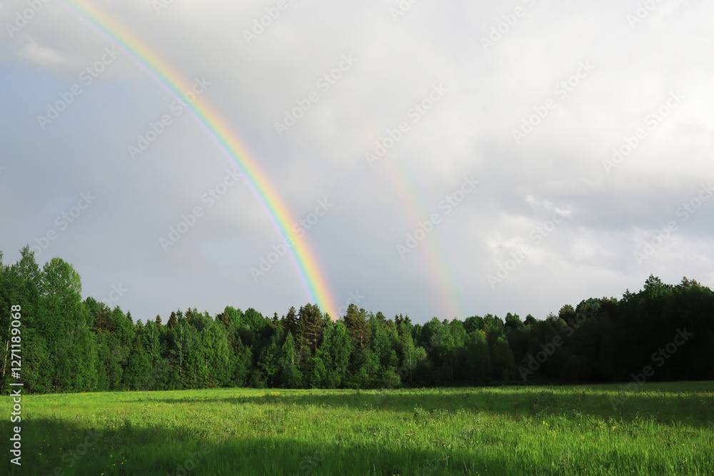 Double Rainbow over Lush Green Forest and Meadow under Cloudy Sky Double Rainbow over Lush Green Forest and Meadow under Cloudy Sky