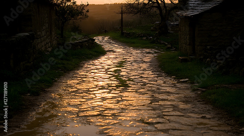 Cobblestone Path Reflecting Sunset Light in Rural Village Ambiance Captured with Atmospheric Perspective