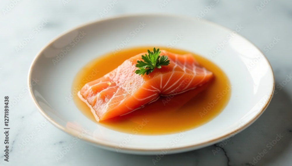 Raw salmon sashimi served on a minimalist white plate with soy sauce and wasabi, fresh, clean Raw salmon sashimi served on a minimalist white plate with soy sauce and wasabi, fresh, clean
