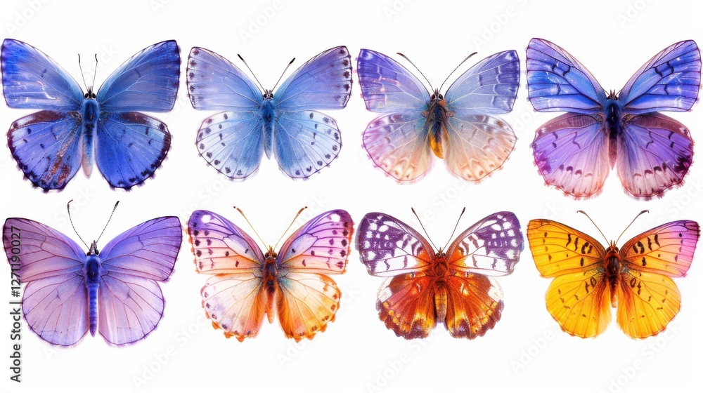 Obraz premium Butterfly illustration set with blue, purple, and orange tones, detailed wings on a clean white background