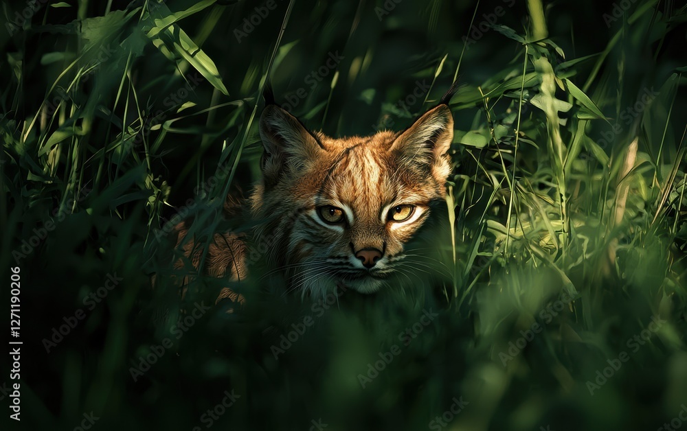 Fototapeta premium A stealthy lynx hiding in the tall grass