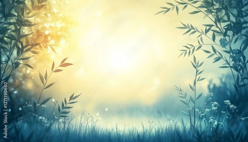 Obraz premium Gentle Dawn, Watercolor Background With Botanical Sketches, Serene And Delicate Nature Scene
