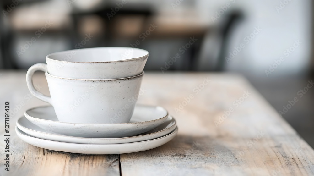 Minimalistic white ceramic cups stacked on a wooden table showcasing modern design : Generative AI Minimalistic white ceramic cups stacked on a wooden table showcasing modern design : Generative AI