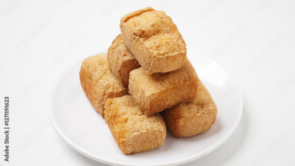 A portion of food called tahu pong is served using a white plate placed on a white place and background (isolated white). A portion of food called tahu pong is served using a white plate placed on a white place and background (isolated white).