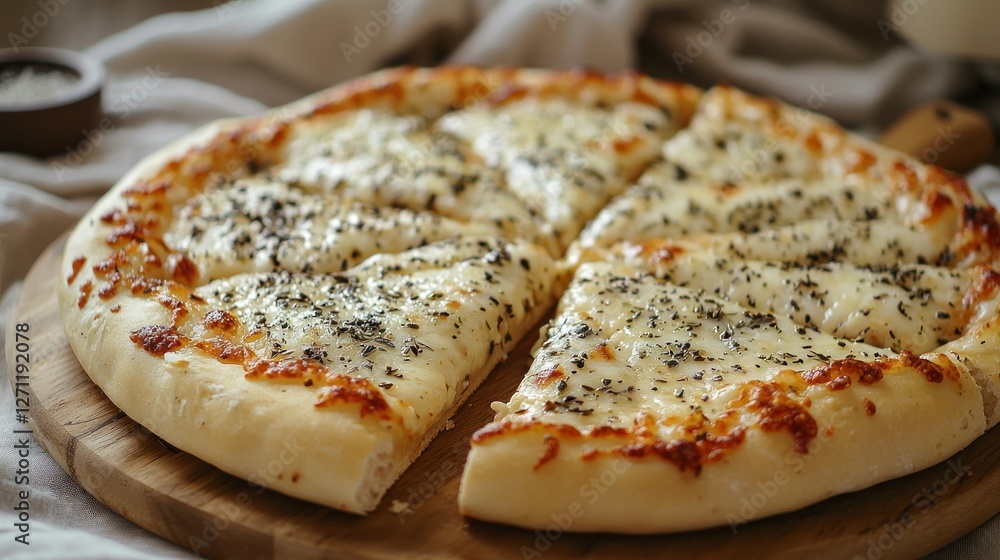 Sliced mozzarella pizza on wooden board, rustic background Sliced mozzarella pizza on wooden board, rustic background
