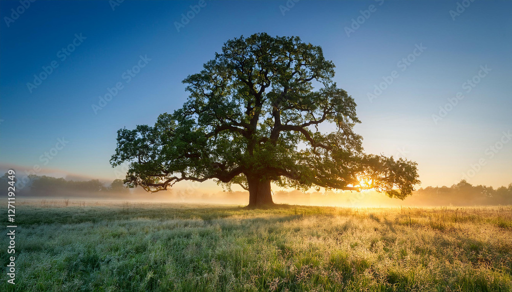 Ancient Oak Tree in a Misty Meadow Ancient Oak Tree in a Misty Meadow