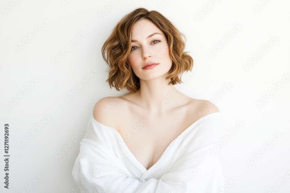 Smiling woman holding skincare product in white robe Smiling woman holding skincare product in white robe