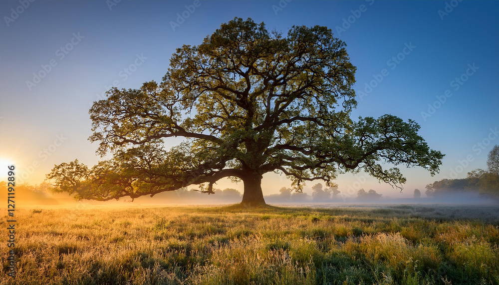 Ancient Oak Tree in a Misty Meadow Ancient Oak Tree in a Misty Meadow