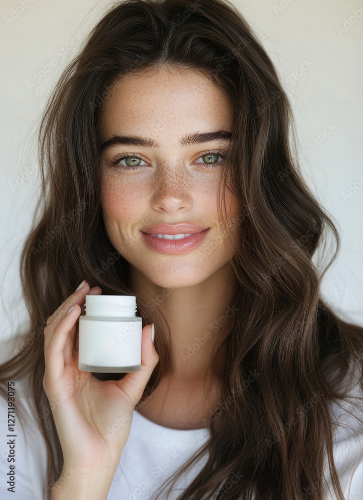 Smiling woman holding skincare cream promoting beauty routine. Smiling woman holding skincare cream promoting beauty routine.