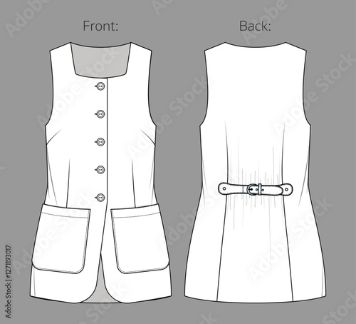 Vector sleeveless jacket with buttons and pockets fashion CAD, tailored woman long vest technical drawing, template, flat, sketch. Linen, tweet woven fabric vest with front, back view, white color