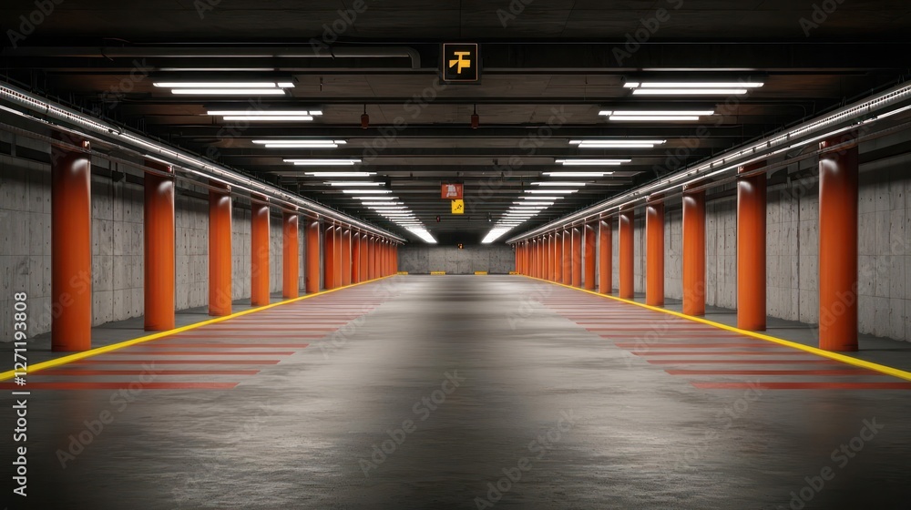 Fototapeta premium Empty Modern Parking Garage with Orange Columns and Fluorescent Lighting
