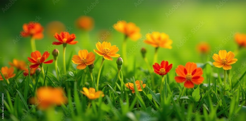 Nasturtium flowers scattered on a bed of green grass, natural, lawns Nasturtium flowers scattered on a bed of green grass, natural, lawns
