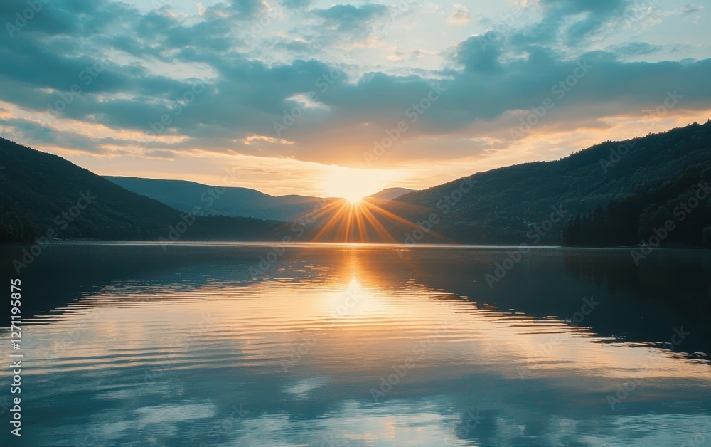 Fototapeta premium Fiery sunset reflecting off the surface of a calm mountain lake