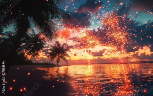 Fireworks cascading over a beach, palm trees silhouetted against the glowing sky
