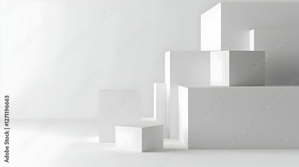 Abstract composition of white geometric blocks arranged in a modern minimalist space Abstract composition of white geometric blocks arranged in a modern minimalist space